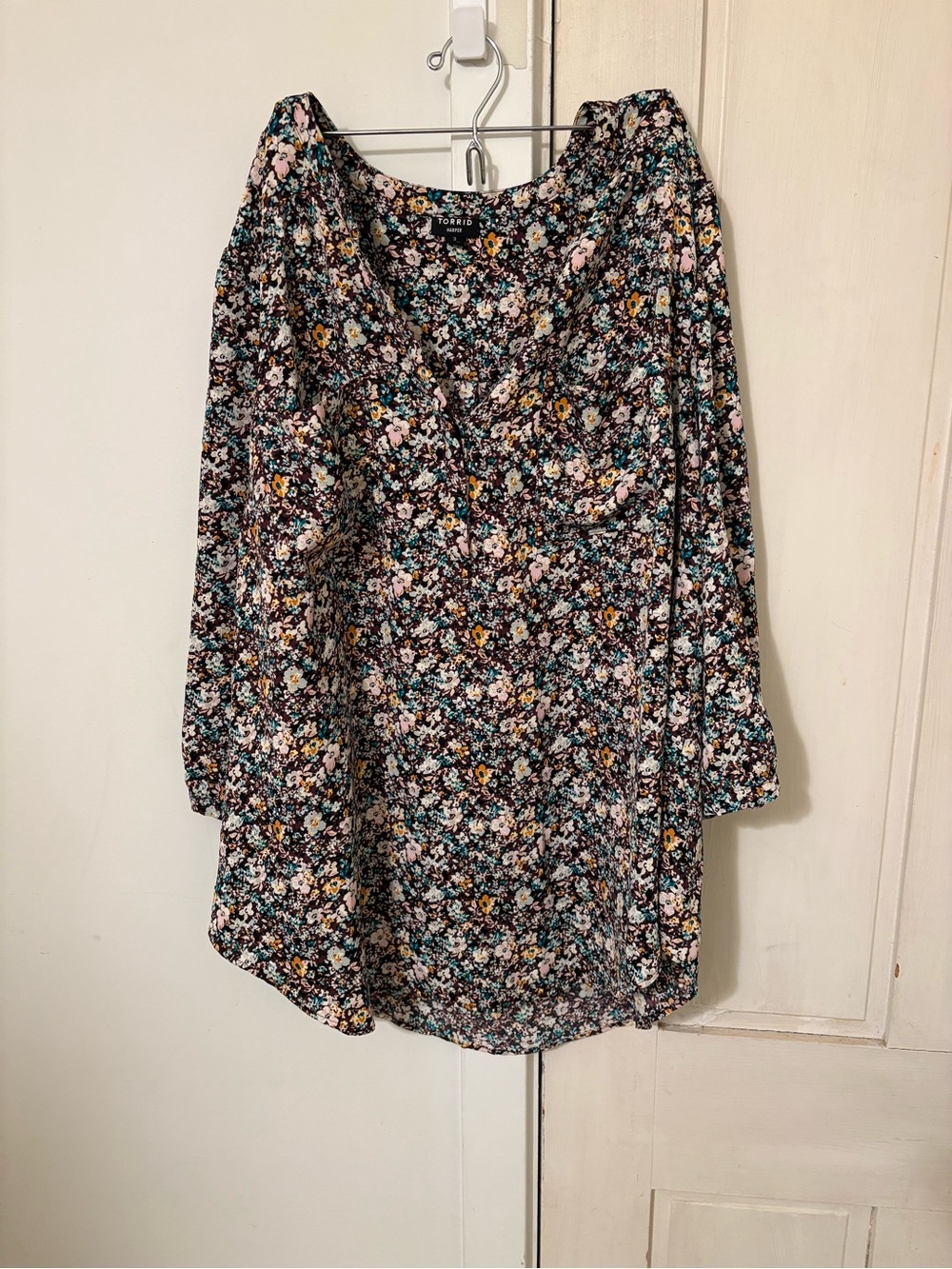 torrid Black Floral V-Neck Blouse with Pink, Yellow & Teal Flowers